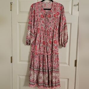 Floral Pink Bohemian Dress With Pom Poms
